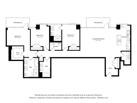 Floor plan for 3 beds, 3.5 baths, 1851 sqft